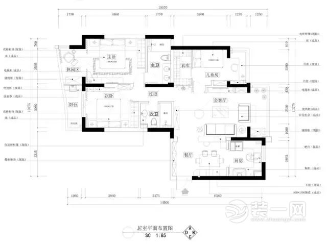 135平米简约美式风格三居室装修效果图